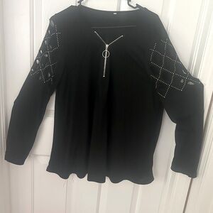 Black Zipper Detail Women's Top with Stylish open work sparkling sleeves.